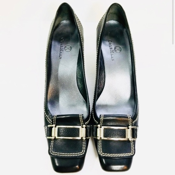 COLE HAAN Black Leather Square Toe Kitten Heels Silver Buckle Pump - Picture 2 of 8